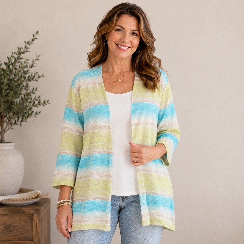 Chicos Open Front Cardigan Size 3‎ XL Cotton Linen Striped Blue Green 3/4 Sleeve